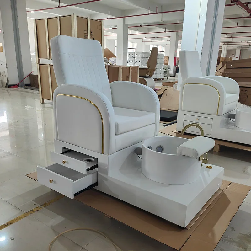 High-end Small Nail Salon Foot Pedicure Chair With Drawer Light And Customizable Color Resin Glass Basin