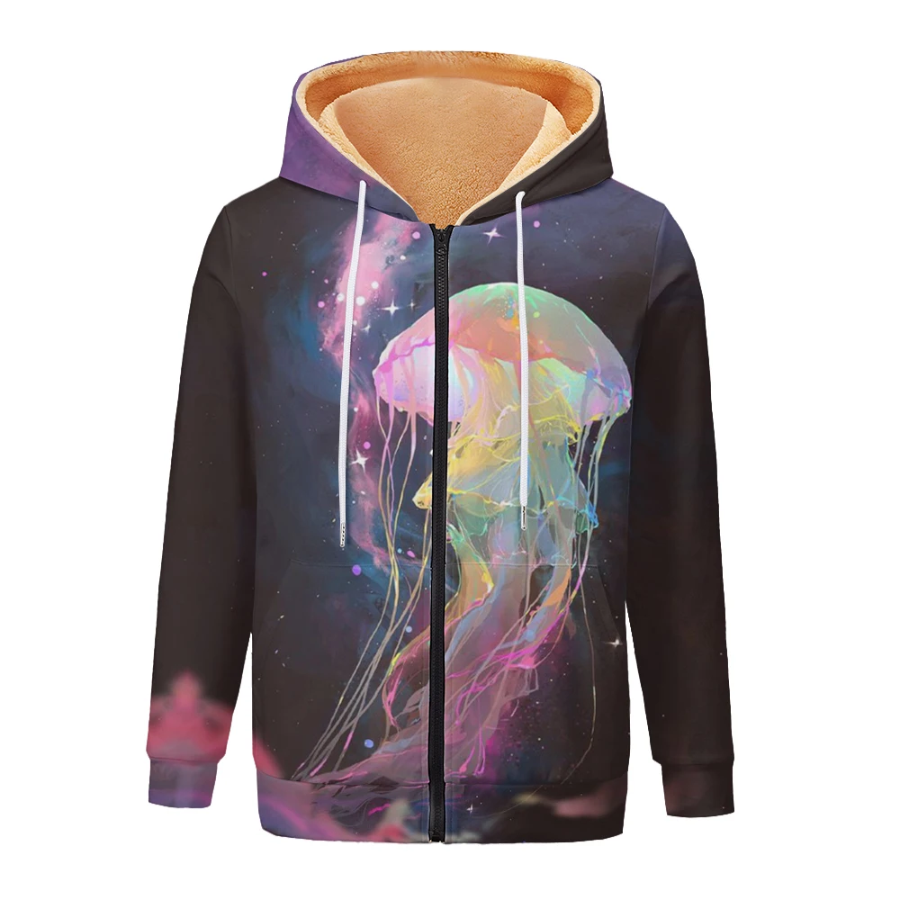 Women's Thick Hooded Jacket Sweatshirt, Colorful Jellyfish Printed Simple Pocket Zipper for Winter and Autumn, Outdoor Warmth