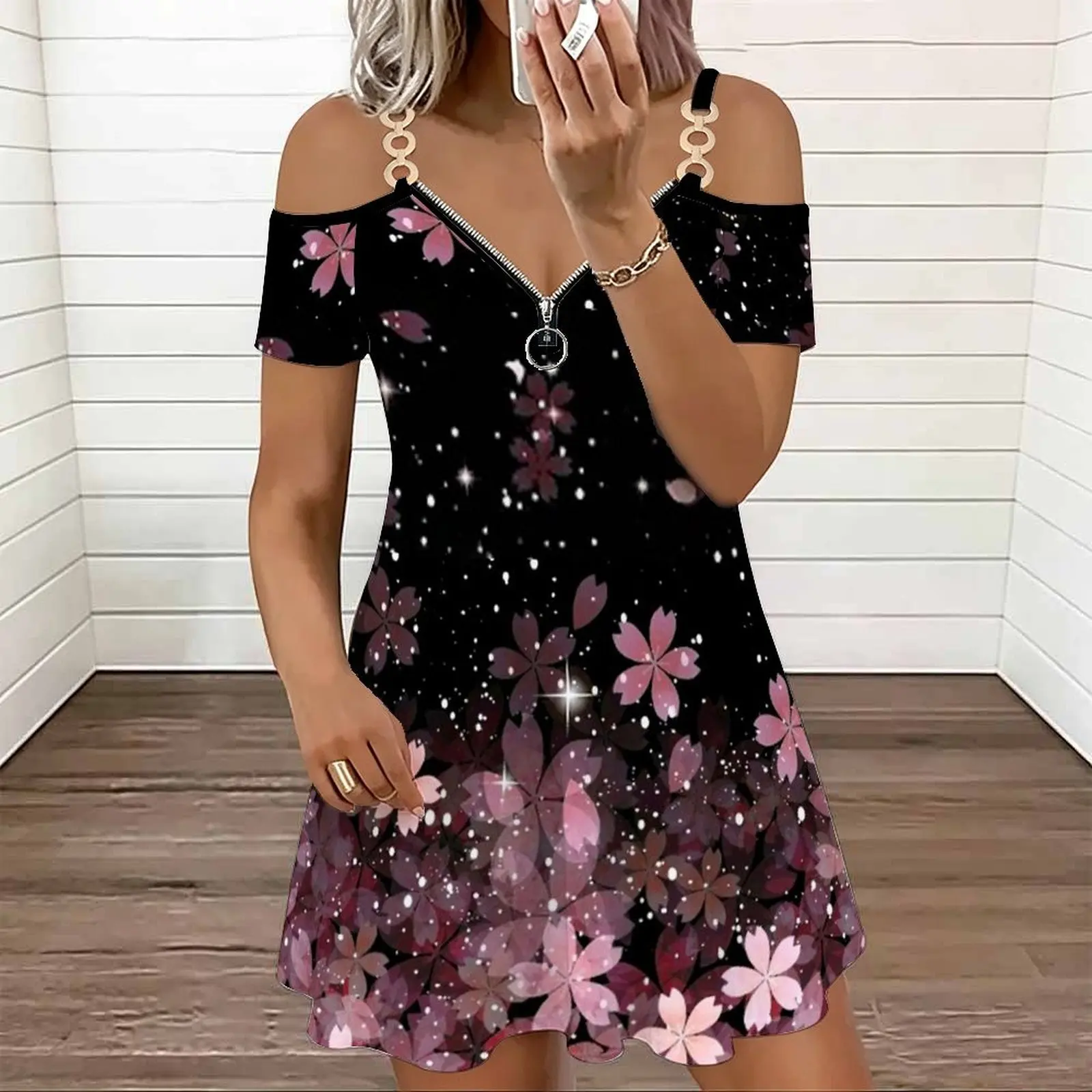 Summer Sexy Dress  Women's Commuting  Slim Skirt Ladies Round-neck Print Cold‑shoulder Double Strap V‑neck Zipper Dress