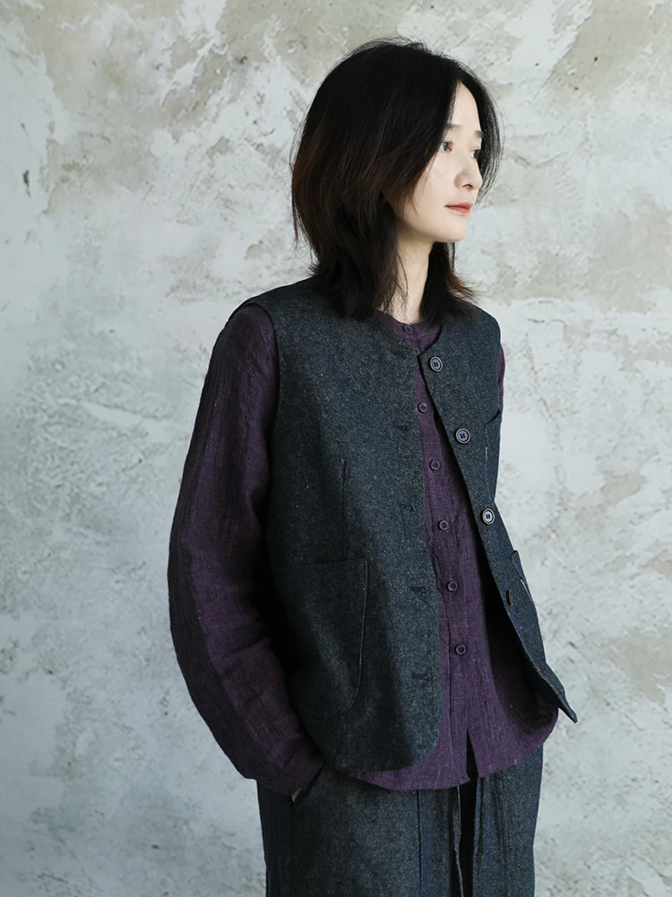 

Льняной жилет в стиле ретро, женский круглый топ в Корейском стиле, верхняя одежда ранней осени, повседневная свободная посадка, обычная длина