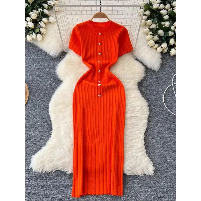 

Dress Women's Fitted Slimming French Style Solid Color Long Length Elegant Short Sleeve Knit Comfortable Casual Niche Versatile
