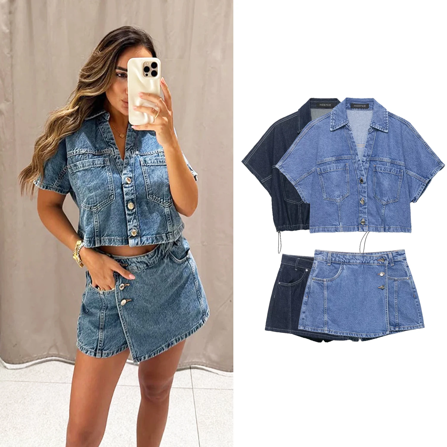 Conjuntos de Shorts de Mezclilla Chic para Mujer o Camisetas de Manga Corta con Cuello en V y Botones o Shorts de Cintura Alta para Verano