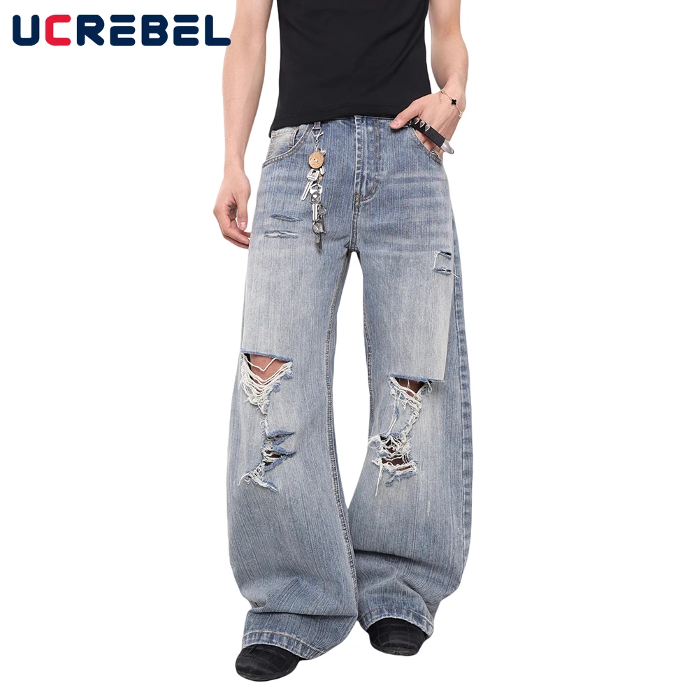 

Bamboo Pattern Ripped Jeans Mens Hip Hop High Street Washed Distressed Loose Wide Leg Denim Pants Men