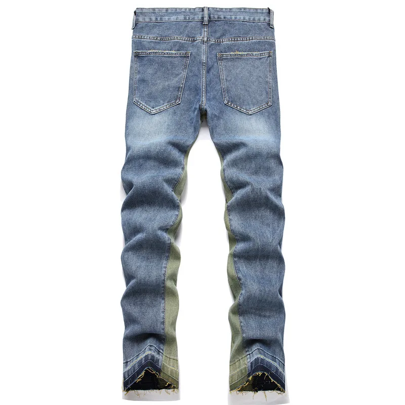 New Punk Light Blue Jeans Monogram Embroidery Slim Straight Leg Fashion Patchwork Casual Pants