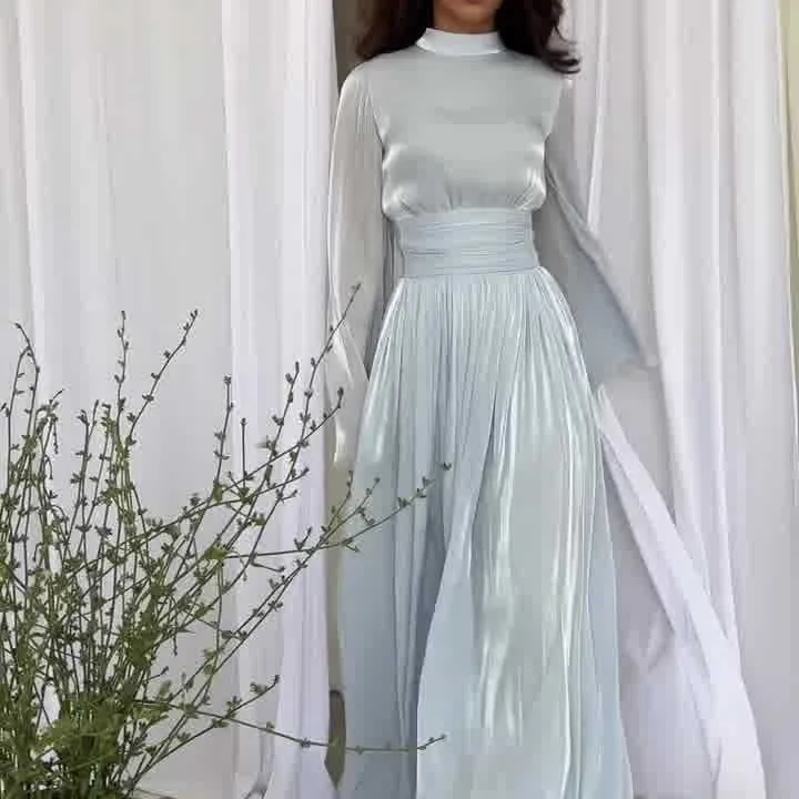 

New European and American Autumn Fashion French Style Round Neck Waist-Tucked Pleated Luxury Elegant Dress