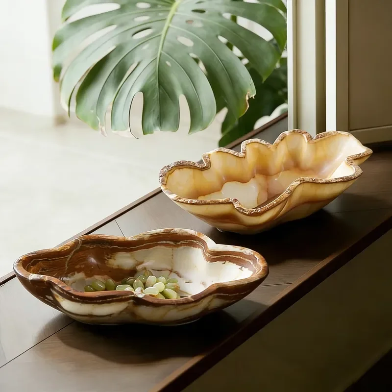 Custom Logo Natural Marble Fruit Plate Hand Polished Irregular Wavy Bowl Luxury Home Decorative Stone Serving Dish for Living