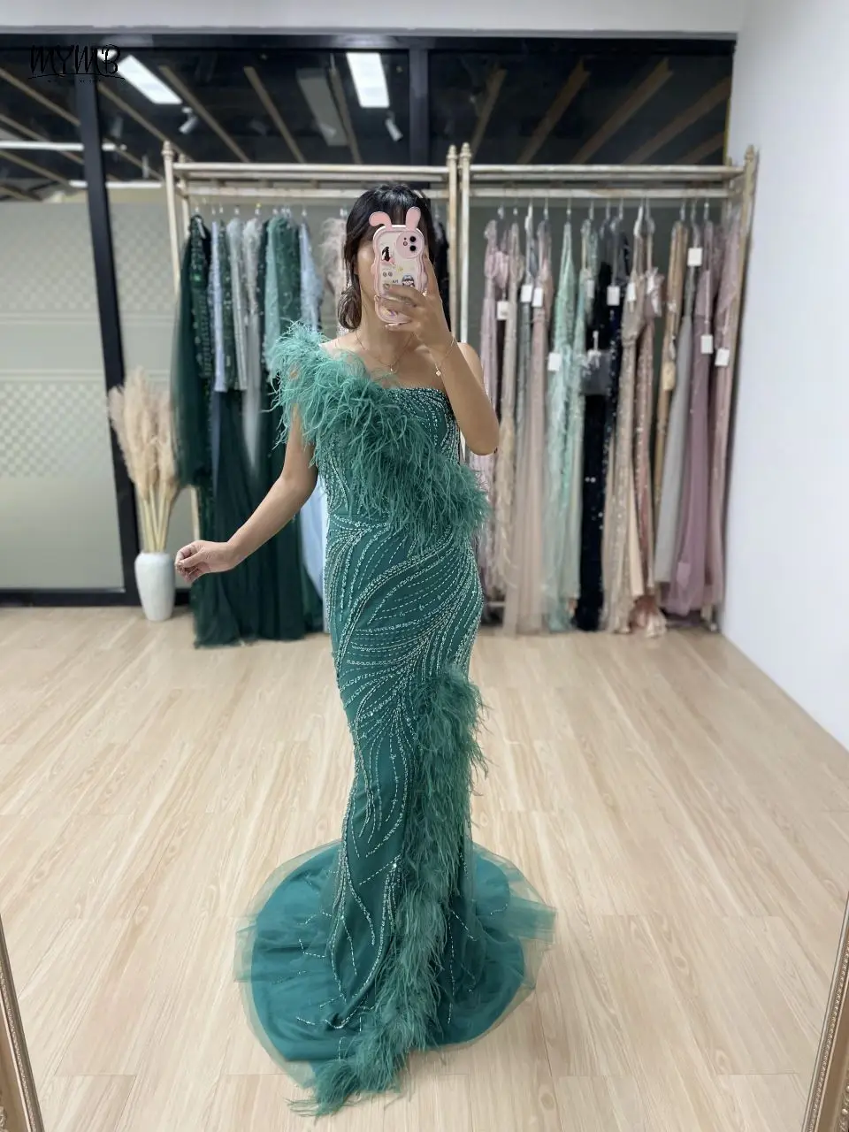 

MYMB Зеленый Haute Couture на одно плечо с бисером и перьями, арабские свадебные платья, роскошные вечерние платья русалки с высоким разрезом, новые