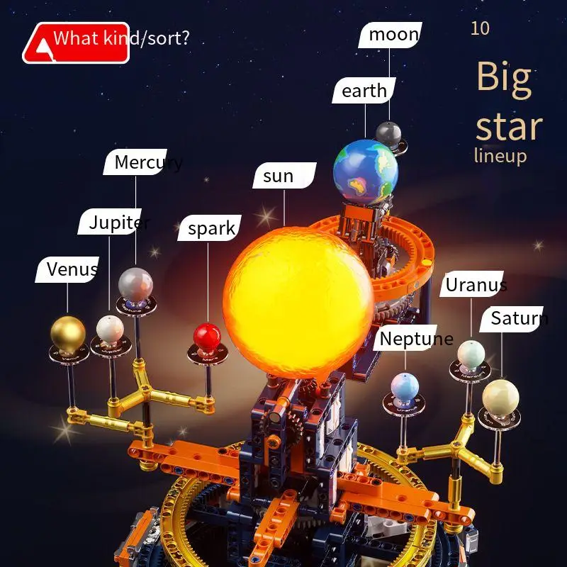 "Space exploration eight planets solar system earth and moon rotation electric model building block children's kit toy"