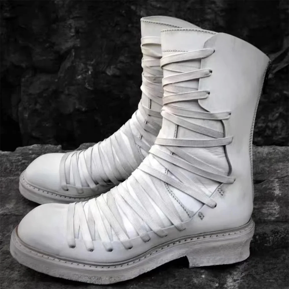 

White Retro Classic Cross Strap Thick Soled High Top Boots for Men Handmade Old Motorcycle Boots Back Zipper Mid Calf Boot