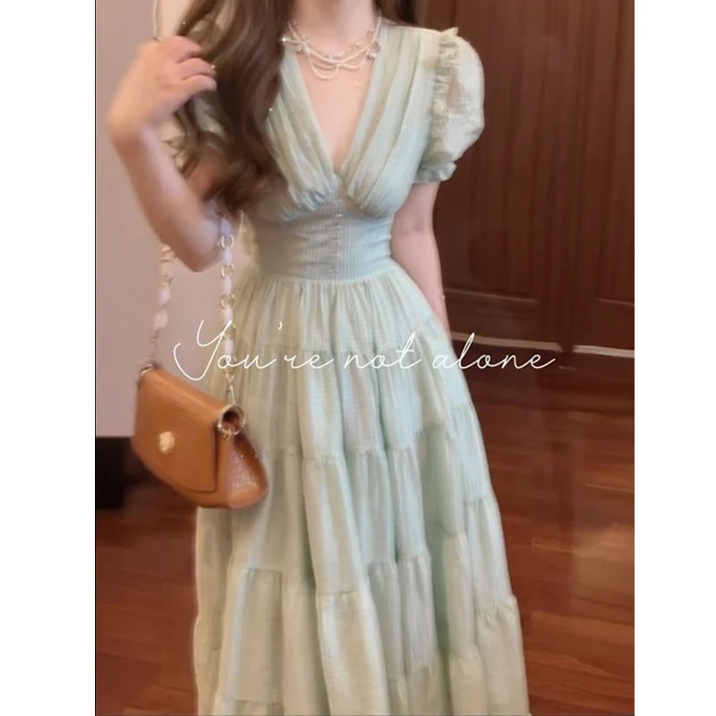 فستان ضيق مثير بياقة على شكل V وأكمام قصيرة من فيستدوس ملابس نسائية صيفية عصرية مكشكشة مجوفة برباط علوي فساتين حفلات أنيقة