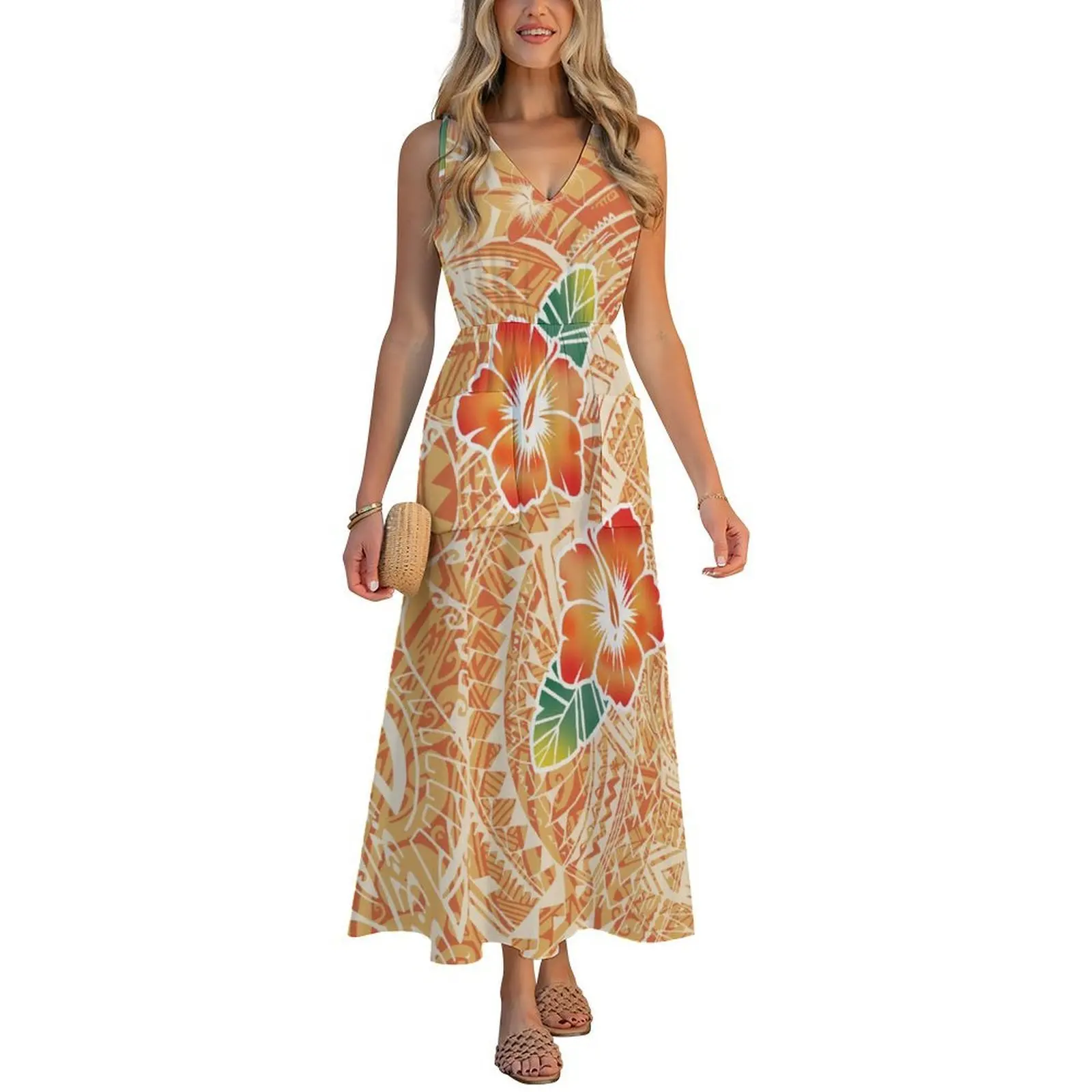 فستان نسائي صيفي نمط مخصص زي عرقية بولينيزية على شكل حرف v بدون أكمام فستان طويل أنيق فستان الحفلات 2026