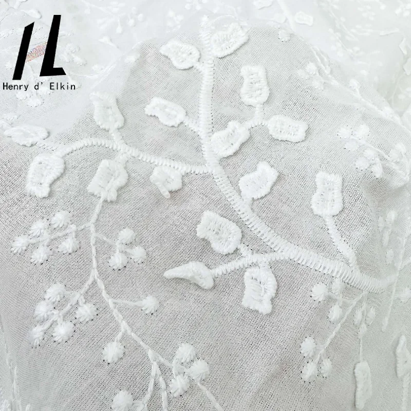 Wholesale White Lace Fabric with Embroidery Hollow-out Floral Detailing Luxury Cotton Dress Fabric