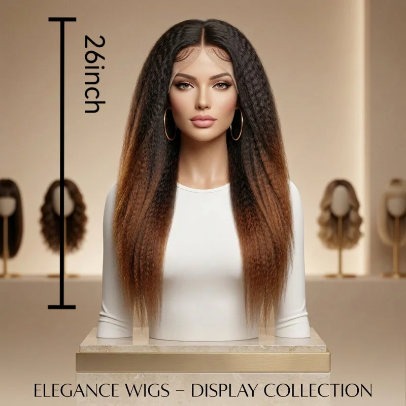 26 Inch 13x4 Lace Front Ombre Black to Brown Kinky Straight Synthetic Wig, Pre Plucked Hairline, Natural Fluffy Heat Resistant view 2