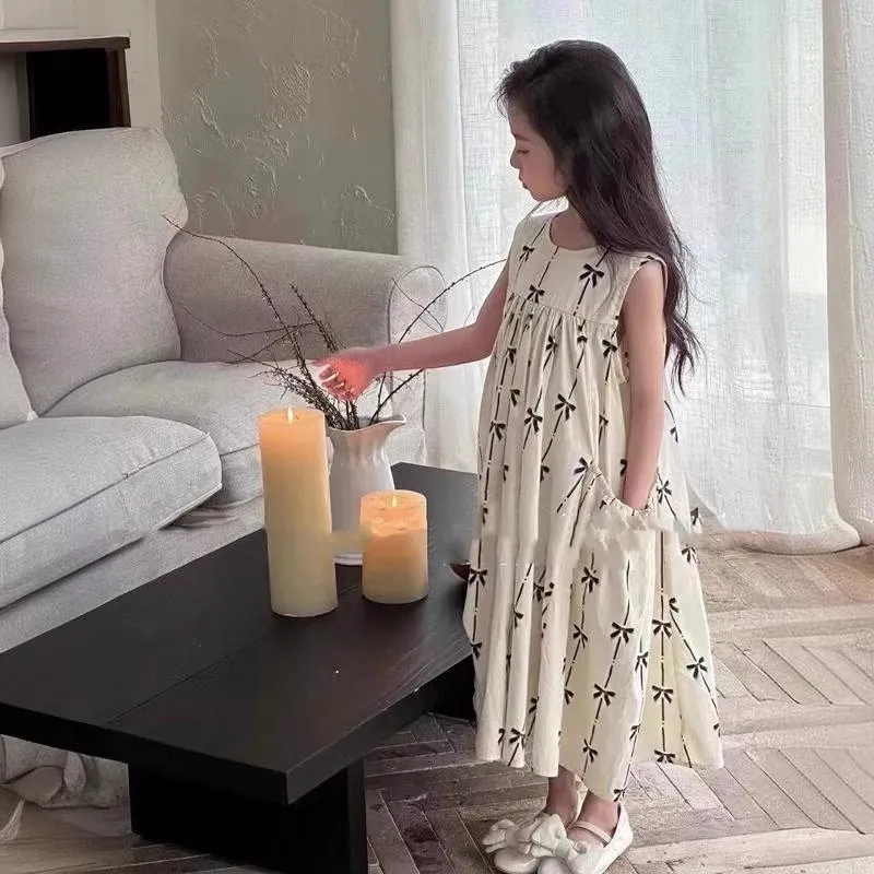 2026 New Summer Girls' Stylish Vest Dress with Pocket Children's White Dress Sweet Outfit Princess Dress for Girls 2-7Y