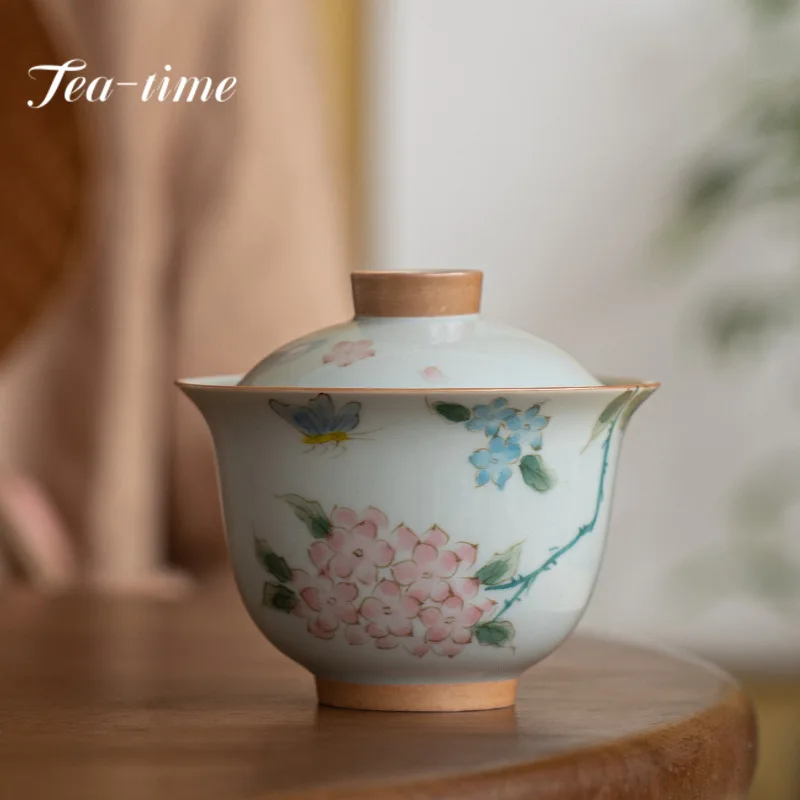 120ml Pure Hand-painted Embroidered Ball Ceramic Cover Bowl Retro Tea Bowl with Saucer Lid Kit Tea Making Gaiwan Kung Fu Tools