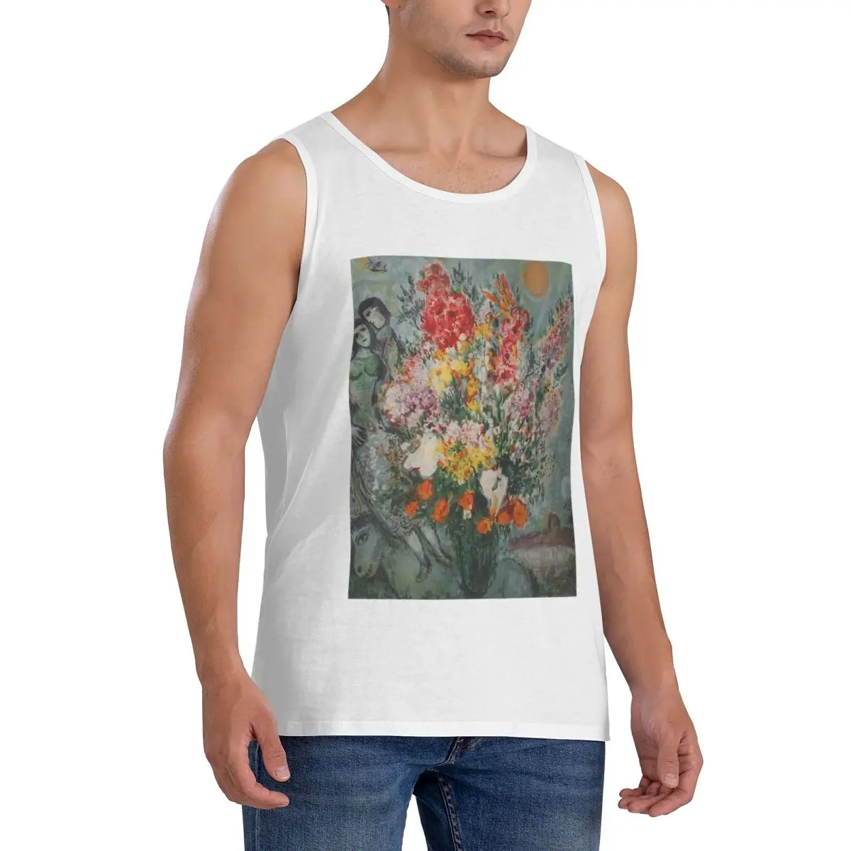 100% Cotton Marc Chagall Bouquet De Fleurs Sleeveless T-Shirt Men Workout Sports Clothing Tops Men's Crew Neck Vest