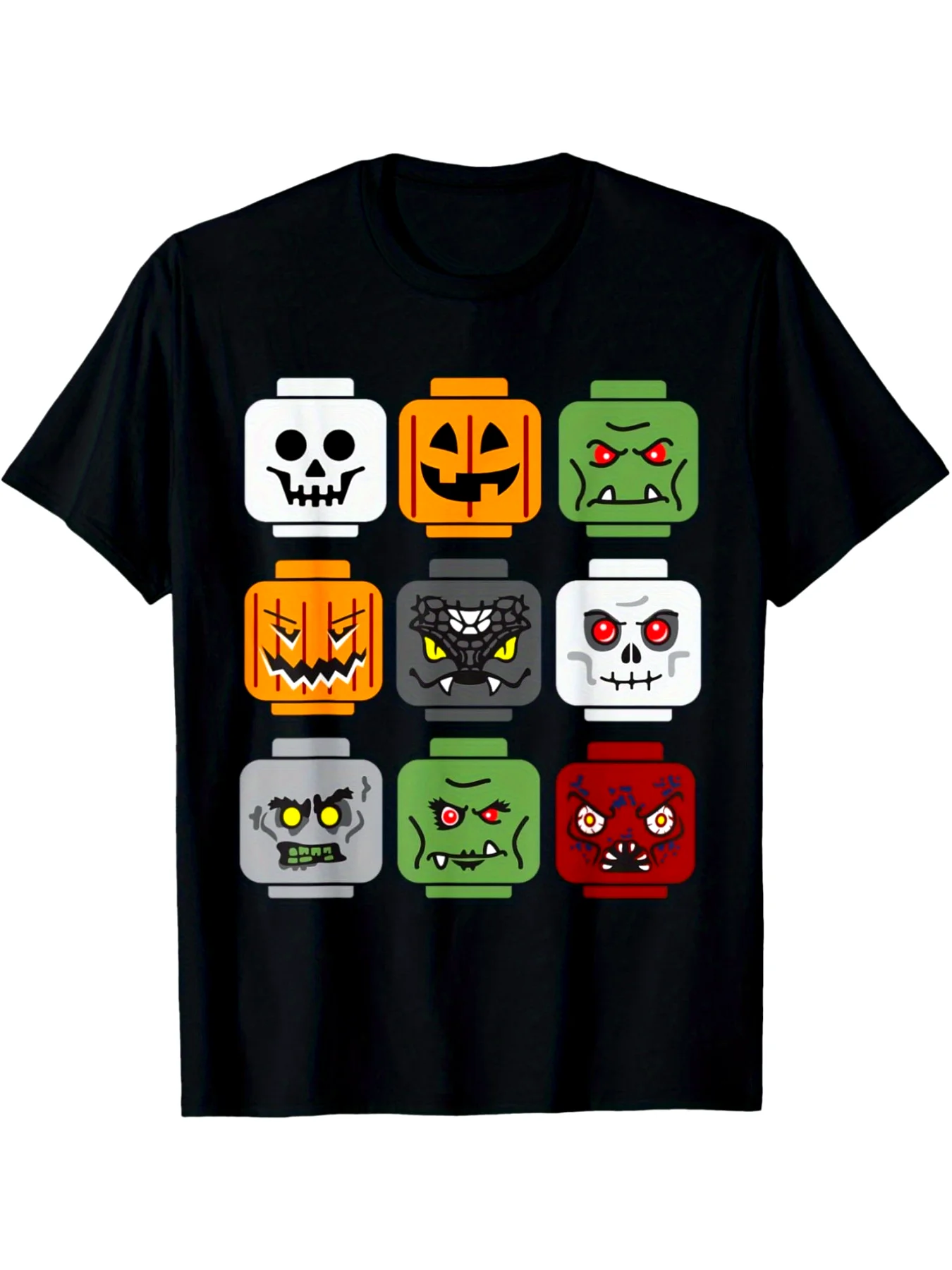 Men's and Women's Pure Cotton T-shirt Halloween Building Block Head Pumpkin Ghost Zombie Friends T-shirt