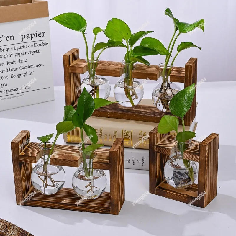 

Wooden Frame Glass Hydroponic Vase, Simple Plant Container Ornament for Office Bedroom Decor