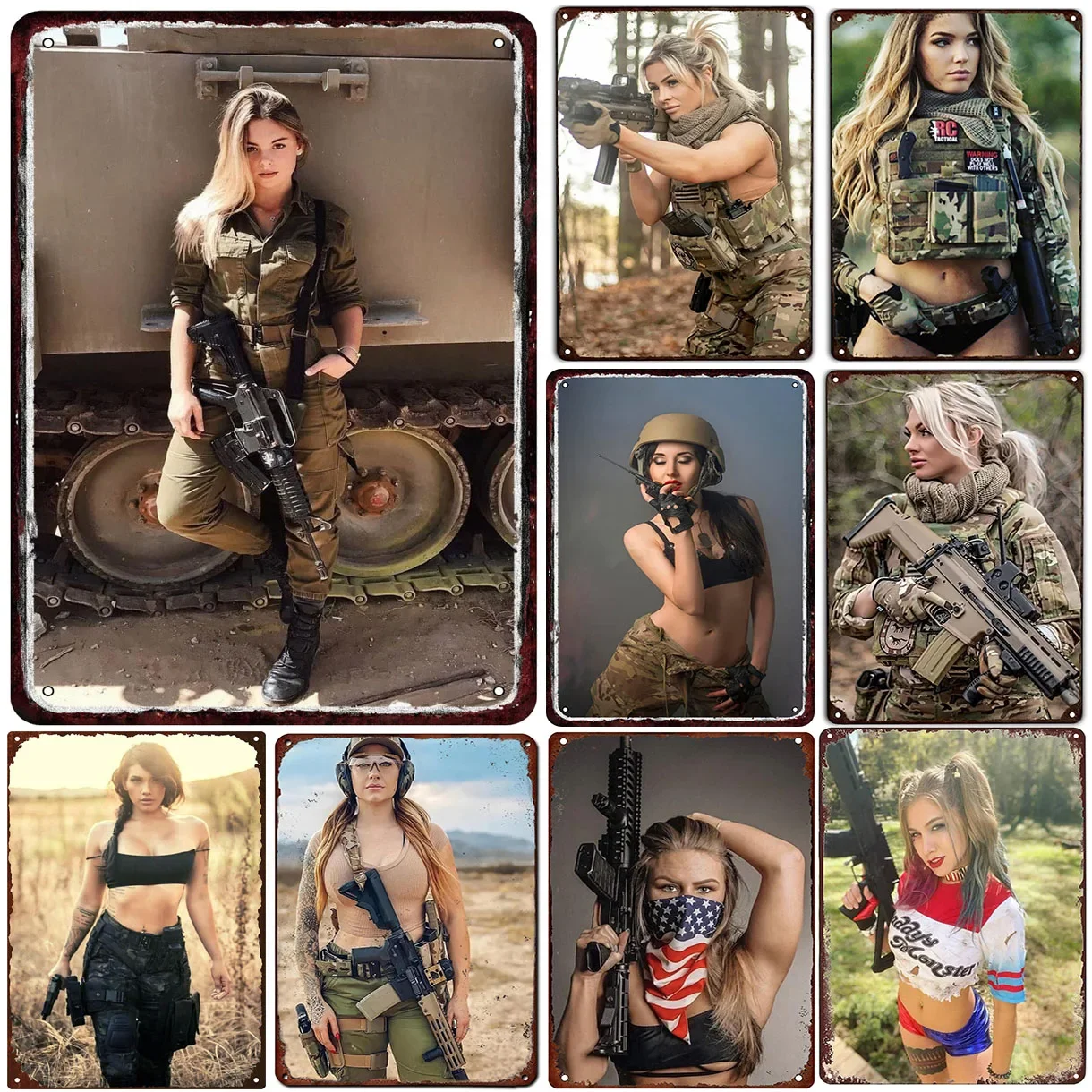 HD Tin Sign Vintage Military Pin-up Girl Wall Decor - Retro Tactical Female Soldier Gun Art Metal Tin Sign for Man Cave Bar Mili