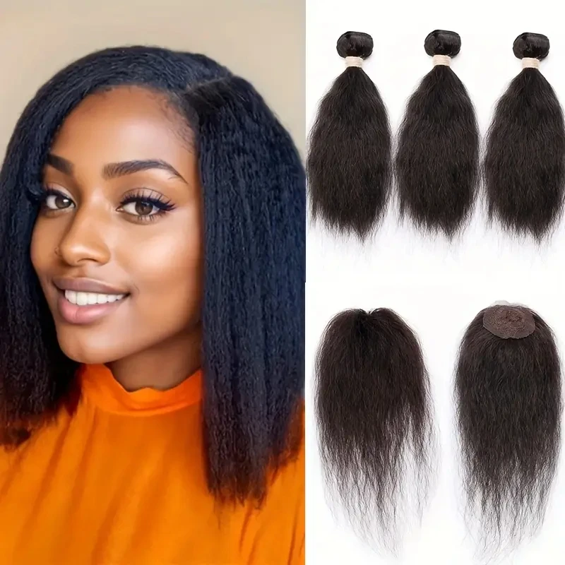 Kinky Straight Bundles With Closure Indian Raw Virgin Hair Bundles Human Hair Weave Bundles With Closure Remy Hair Extension