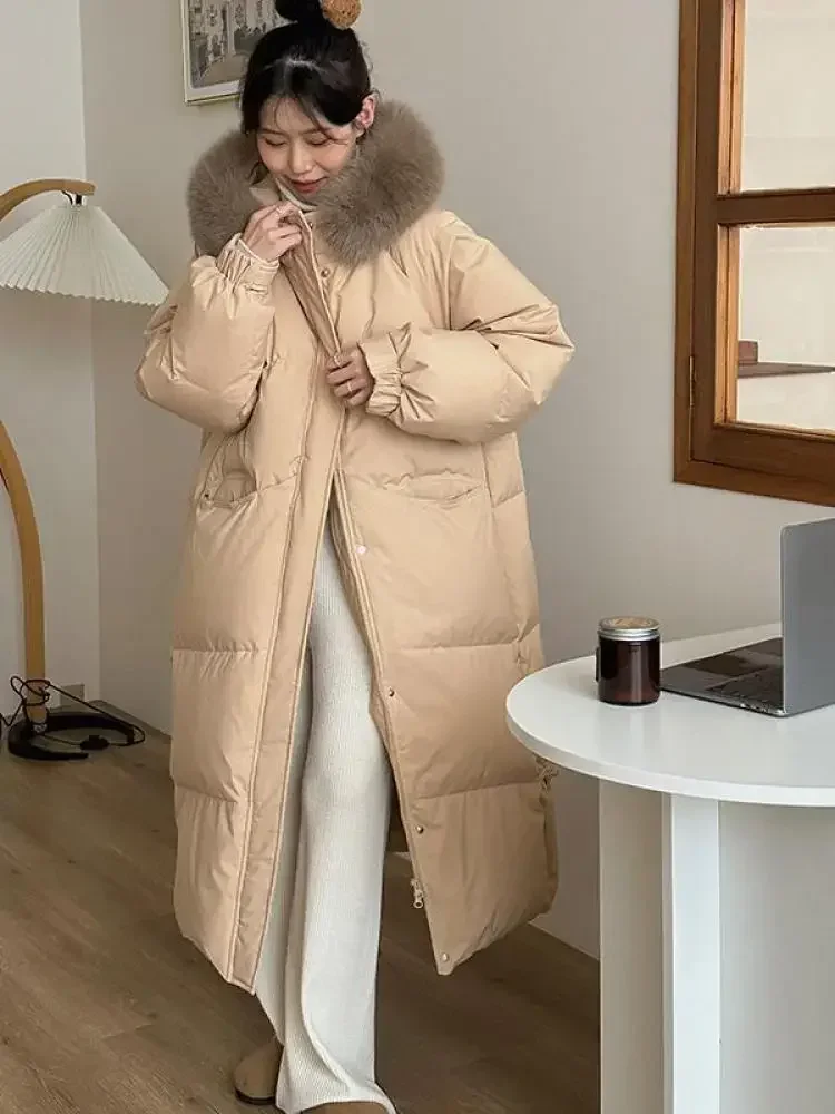 Pop Winter Fur Collar Hooded Jacket Long Thick Warm Down Cotton Padded Coat Couple's Loose Casual Large Pocket Windbreak Parka