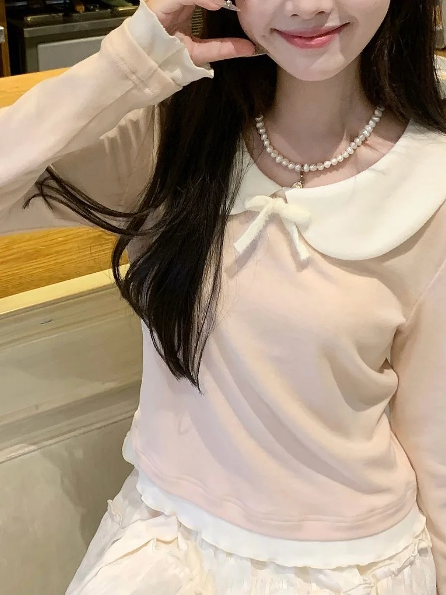 Slim Fit Short Sleeveless T-Shirt Women's Style College Fashion Polyester Fabric Long Sleeve Autumn Season Inner Wear Top