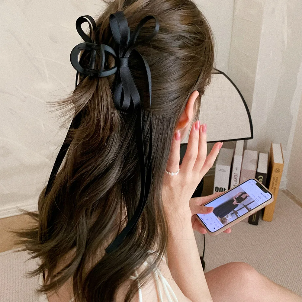 Bow Long Ribbon Hair Claw Clips Elegant Hairpin Women Girl Princess Headdress Fashion Grab Clip Korean Hair Accessories Headwear