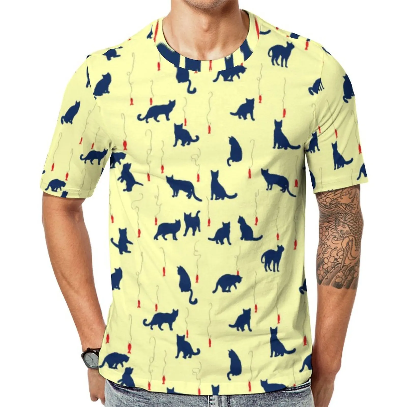 Animal Silhouette T-Shirt For Men Blue Cute Kittens O Neck T-Shirts Summer Harajuku Clothes Short-Sleeve Oversized Tee Shirt