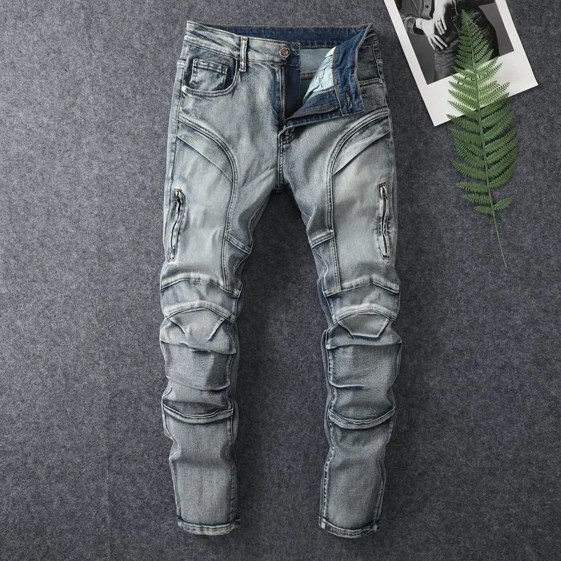 2024 Summer new zipper spliced jeans men's trendy high street elastic slim fit small feet casual retro motorcycle denim pants