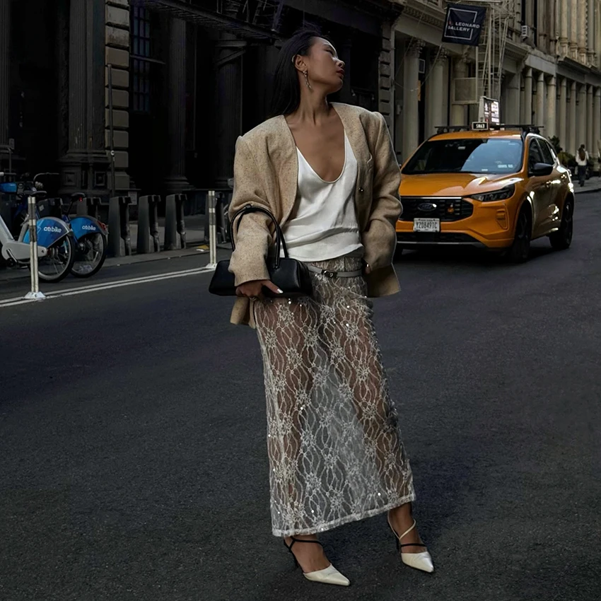 

Linad сексуальные эластичные кружевные юбки с блестками, летние свободные прямые тканые модные юбки для женщин, длинная бежевая прозрачная юбка с разрезом, повседневная