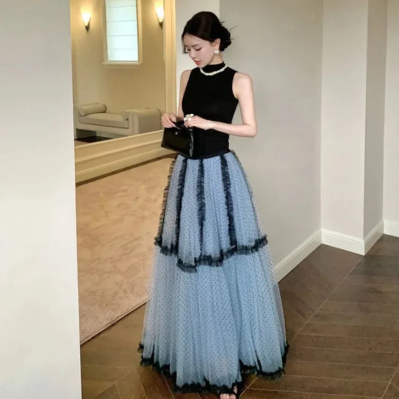 

Женская длинная юбка макси из тюля светло-голубого цвета в горошек с многослойными оборками и сетчатыми вставками, элегантная, для вечеринок и торжественных мероприятий