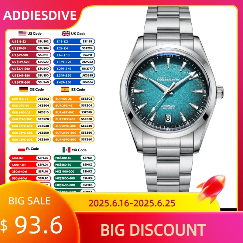 

ADDIESDIVE 2025 New Men's Automatic Mechanical Watches Stainless Steel AR Coating Bubble Mirror Glass Business Waterproof Watch