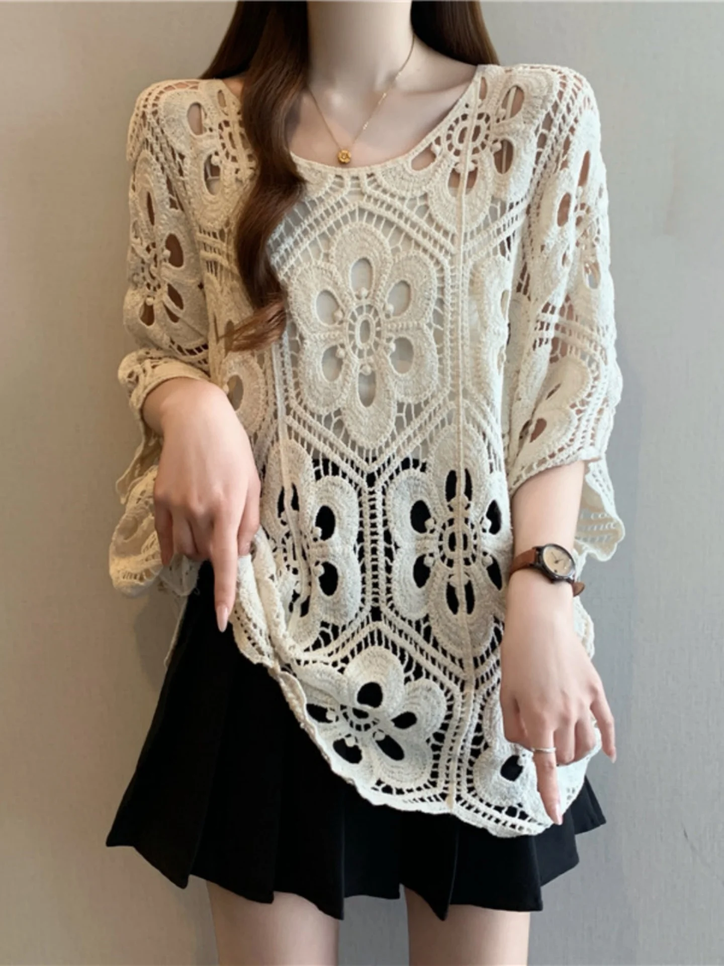 

Women's Knitted Hollow out Baitong Sleeve Top Spring Autumn plus Size Soft Comfortable Korean Style Casual round Neck Shirt