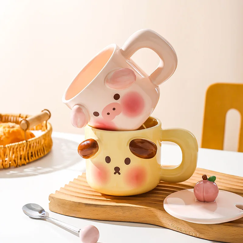 450ml Cartoon Pig Mug Coffee Cup Set with Spoon Ceramic Gift Home Mugs 3D Water Cups Lovers Milk Large Capacity Breakfast Mug
