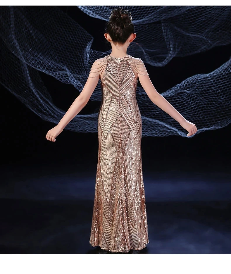 新しい子供の花嫁介添人ドレスティーンロングマーメイドページェントドレスイブニングガールズスパンコール光沢のあるボールガウン卒業パーティードレス