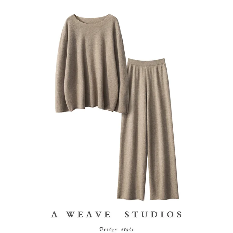 Women 100% Cashmere Sweater Pullover Wide Leg Pants Sets Autumn Winter Knit Tops Straigh Pants High Waist Soft Knitwear Trousers