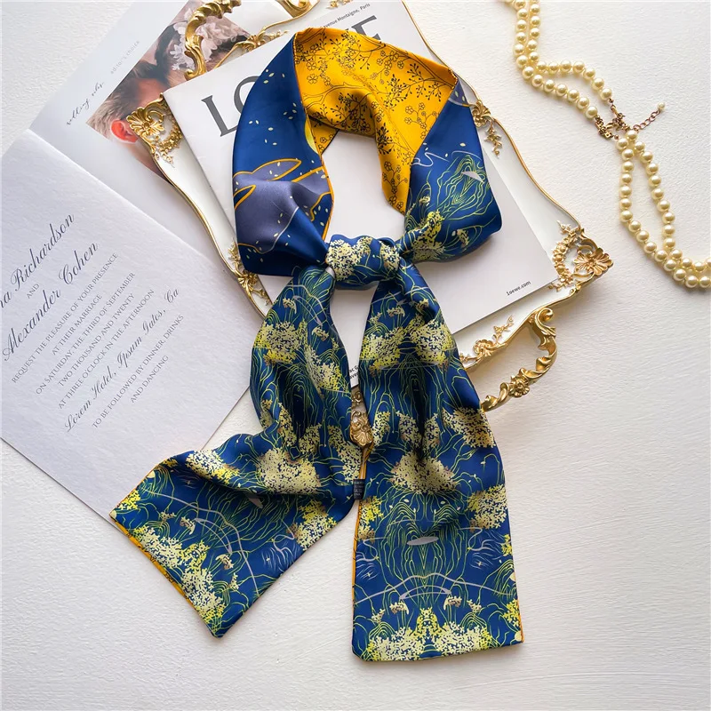 Double-sided double-color scarf Chinese style petal silk scarf long strip narrow necktie versatile scarf women's hair tie