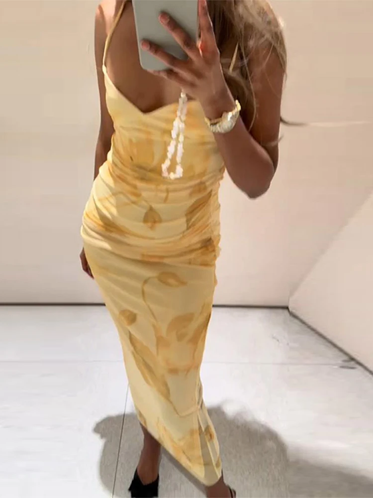 

Print Flower Sling Long Dresses Women Elegant Slim Backless Sleeveless Dress Female 2025 Summer Chic High Street Robes ﻿