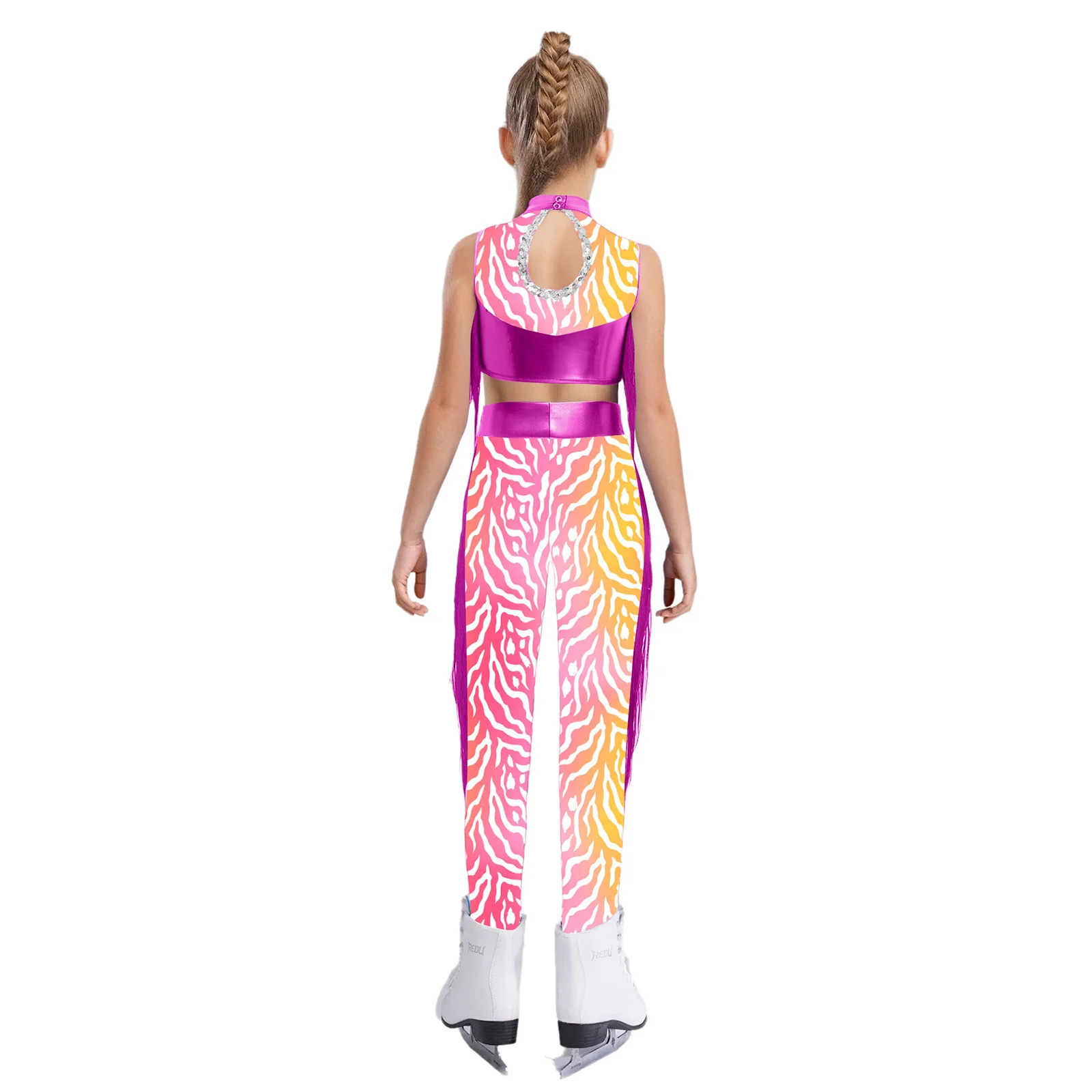 キッズガールズヒップホップジャズダンスパフォーマンスフィギュアスケートコスチュームメタリックタッセルダンス衣装キーホールバッククロップトップとレギンス