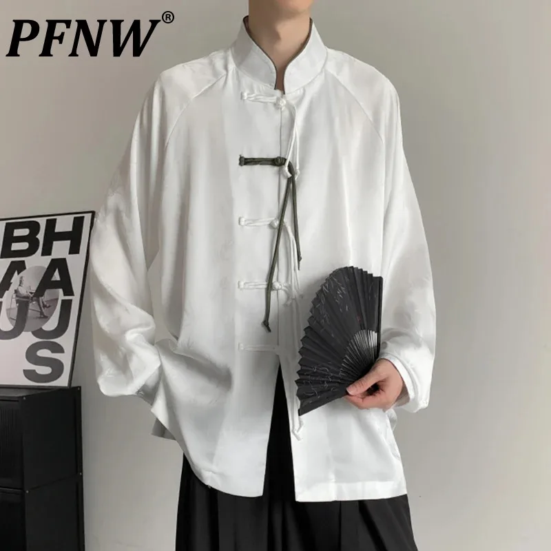 

PFNW New Chinese Style Men's Shirts Casual Knot Button Contrast Color Stand Collar Long Sleeve Male Clothing Fashion 12C895