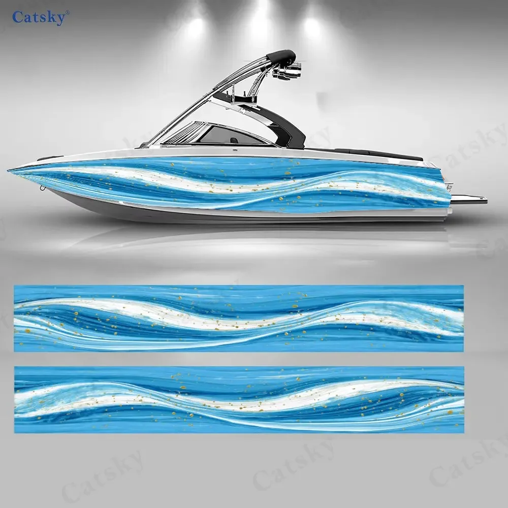 Gradient Gold Powder Blue Wave Boat Stickers, PVC Waterproof Vinyl Wrap Decals for Fishing Boats, Durable and Stylish Design