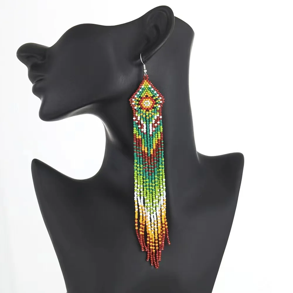 Beaded earrings Tassel Geometry Design Gradient Originality Hand knitting Bohemia Alloy Tide Simple Rice bead earrings