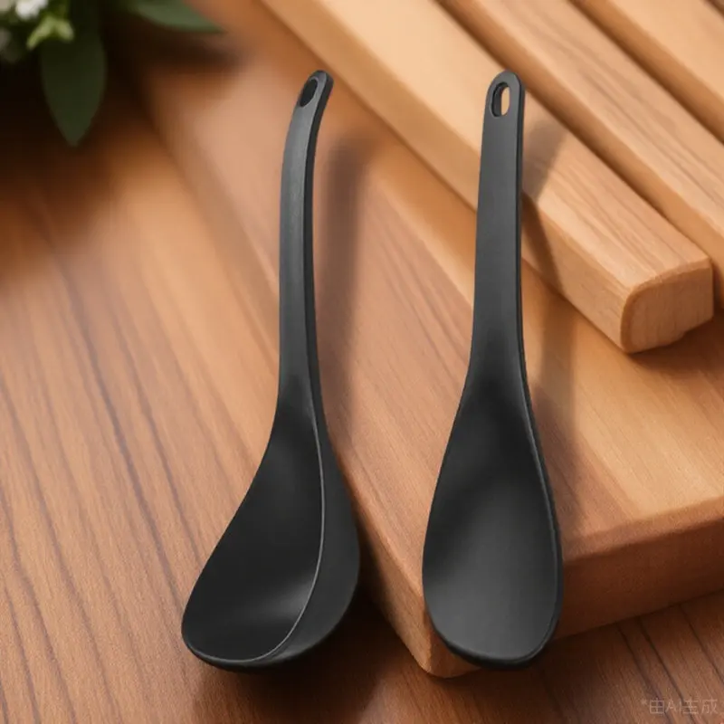 1 Juego de utensilios de cocina multiusos: espátula para arroz, cuchara para sopa, cuchara grande para servir, antiadherente, de plástico negro