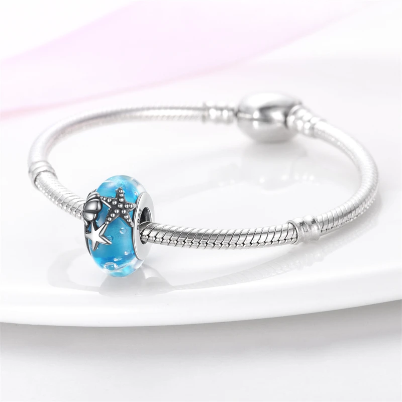 2024 Hot Sale Exquisite Gorgeous Ocean Blue Glass Charm Bead Fit Pandach Bracelet For Women Silver Pendant Beads Jewelry Gift