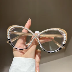 High Quality Luxury Pearl Reading Glasses Women Large frame Elegant Anti Blue Light Fashion Prescription Glasses