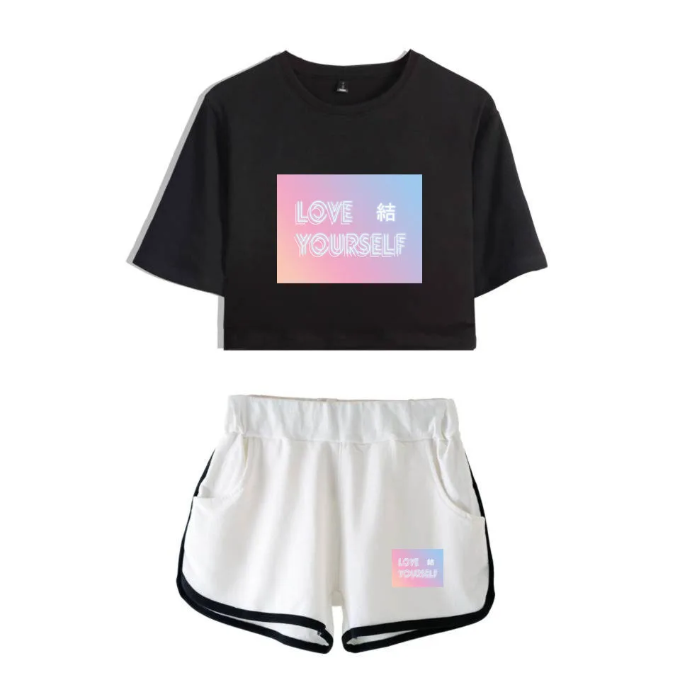 

Модный молодежный комплект из двух предметов с принтом «Love Yourself», женские сексуальные шорты + Милая футболка, милые спортивные костюмы для девушек с изображением росы и пупка