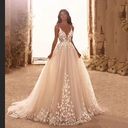 Msikoods vestidos de novia elegantes con cuello en V, Espalda descubierta, apliques florales 3D, vestidos de novia de encaje, vestido de novia de tul