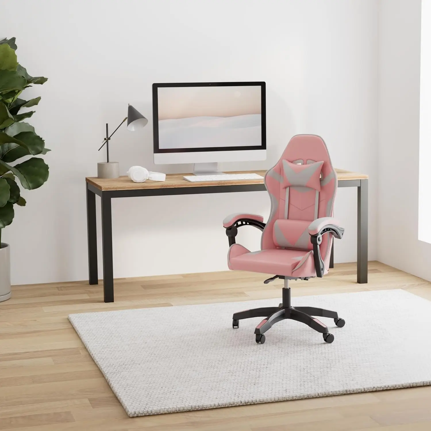 Pink Gaming Chair, Racing Style Adjustable Swivel Office Chair, Ergonomic with Headrest & Lumbar Support