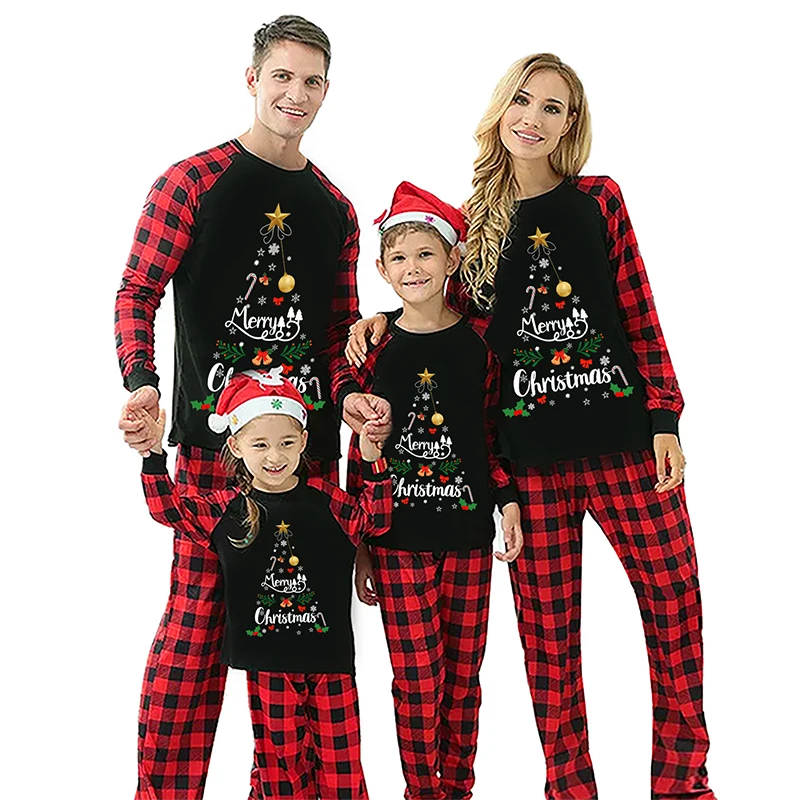 Blotona 2023 Christmas Family Pajamas Matching Set, Long Sleeve Letters Print T-shirt with Plaid Pants Sleepwear Loungewear