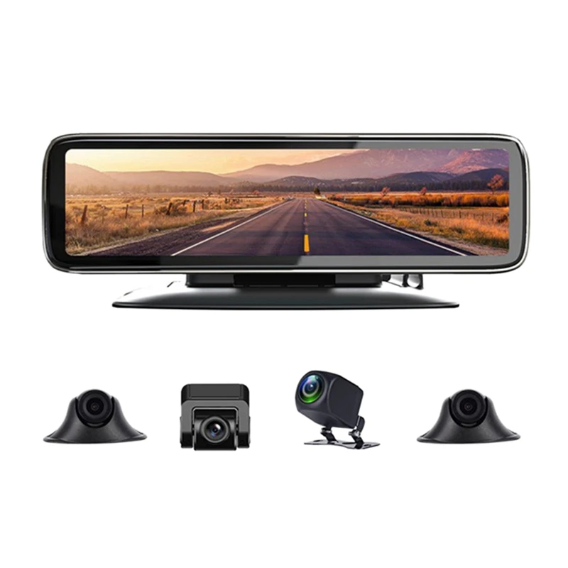 

4 Cams Record Night Vision Car Video Recorder 360 Degree View 12Inch Touch Screen Smart Mirror DVR 4 Split Display